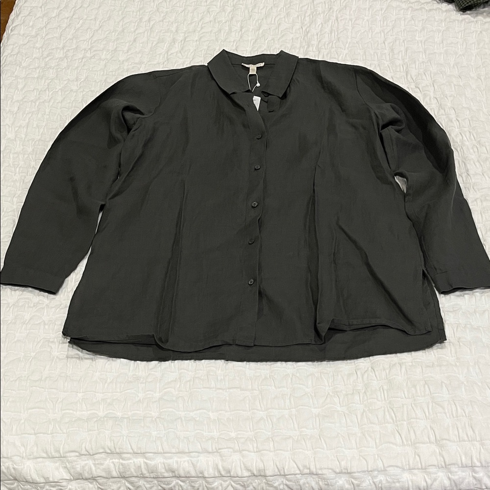 Eileen Fisher Grove Green Organic Handkerchief Linen Classic Collar Shirt XS NWT